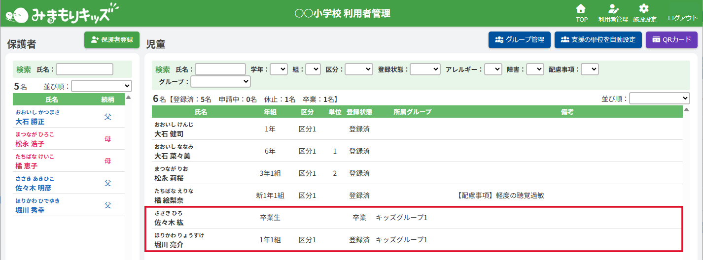利用者一覧で確認した場合